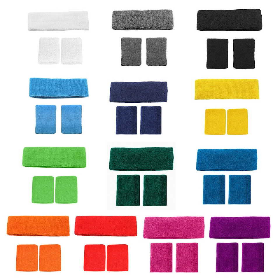 image 1 of Sports Sweatband Wristband & Headband 3 Piece Set Stretch Cotton Mix Absorbent Gym Running Fitness Exercise Head & Wrist Bands