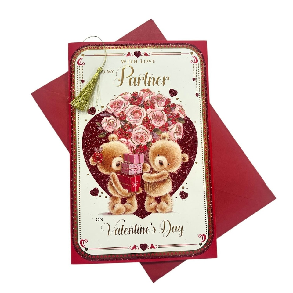 image 1 of To Partner Teddies With Gifts & Bouquet Glitter Finished Valentine's Day Card
