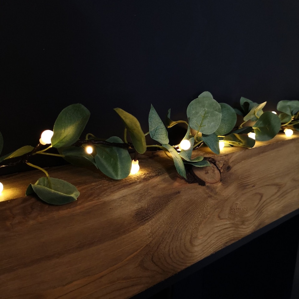 image 1 of 1.8m LED Artificial Eucalyptus Garland with Warm White Lights - Battery Operated Green Leaf Foliage for Indoor Christmas Decor