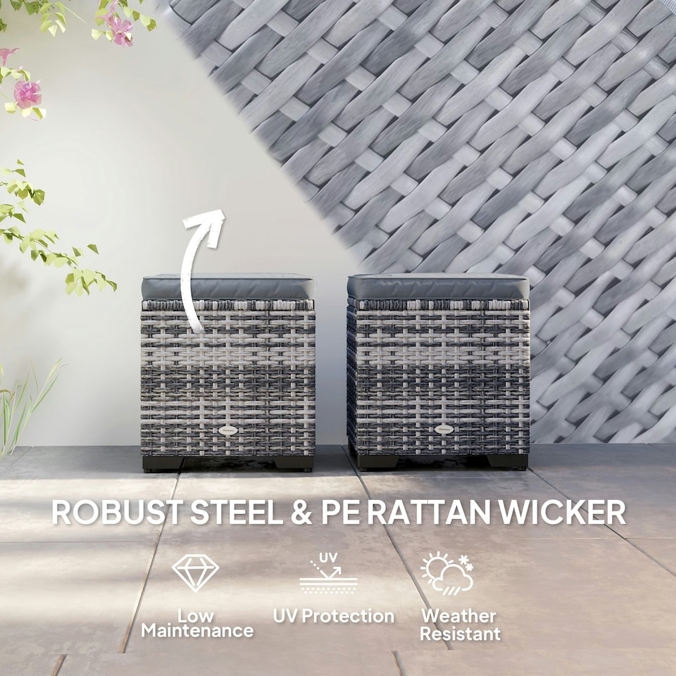 image 1 of Outsunny Set of 2 Rattan Footstool, Storage Ottoman w/ Cushions, Beige | Grey | One size | 1