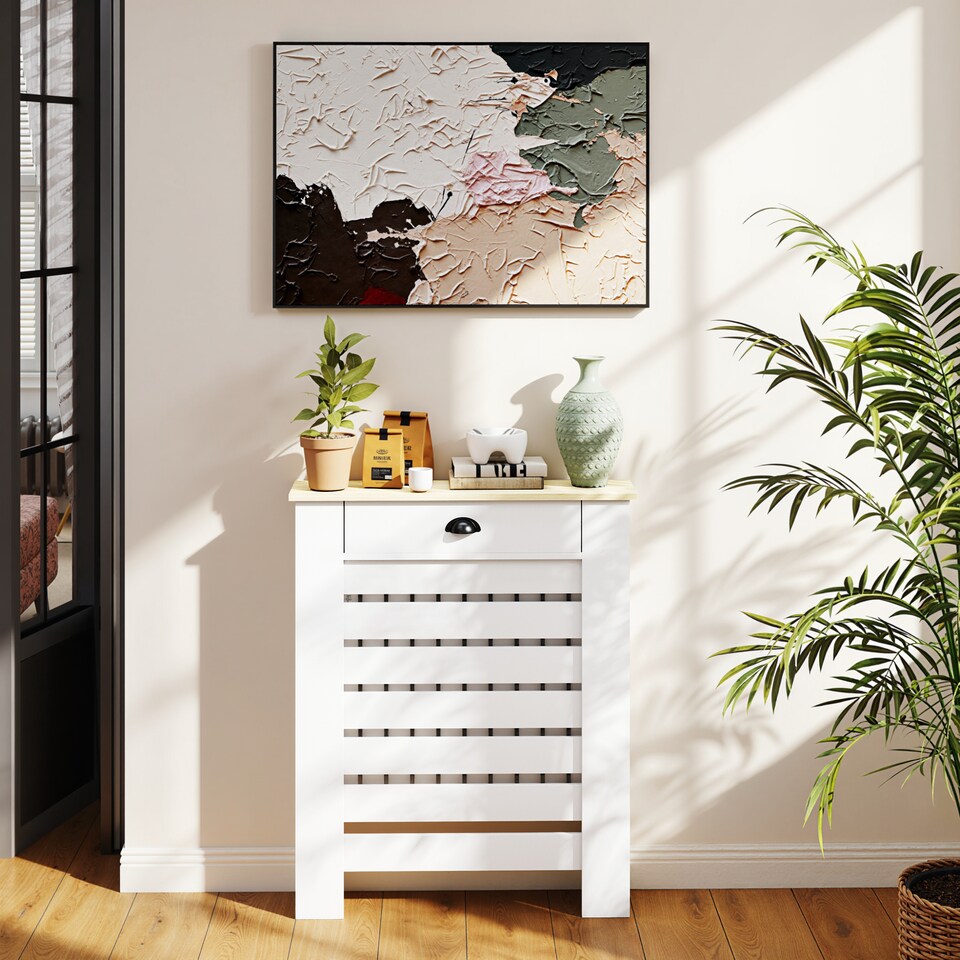 image 1 of HOMCOM Radiator Cover with Drawer, Horizontal Slat, 78cm, White | White | White with wood-effect top | 1
