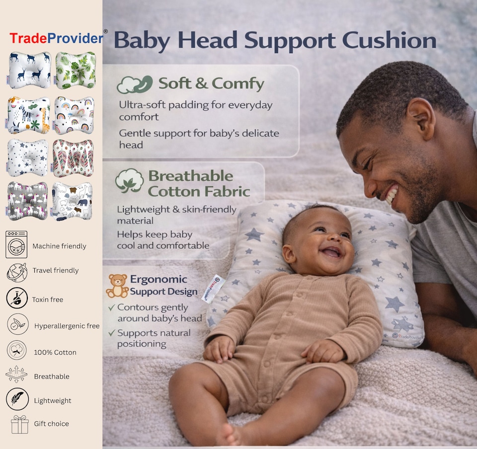 image 1 of TradeProvider® Baby Head Support Cushion for Pram, Pushchair, Stroller, Infant Support Pad, Newborn Travel Headrest (Cloud Dreams Collection)