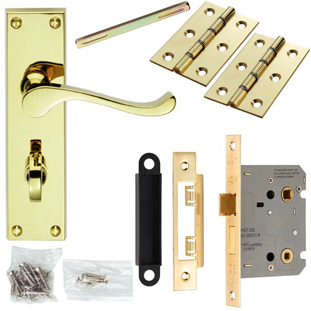 Loops Door Handle & Bathroom Lock Pack Brass Victorian Scroll Thumb Turn Backplate in Metallics