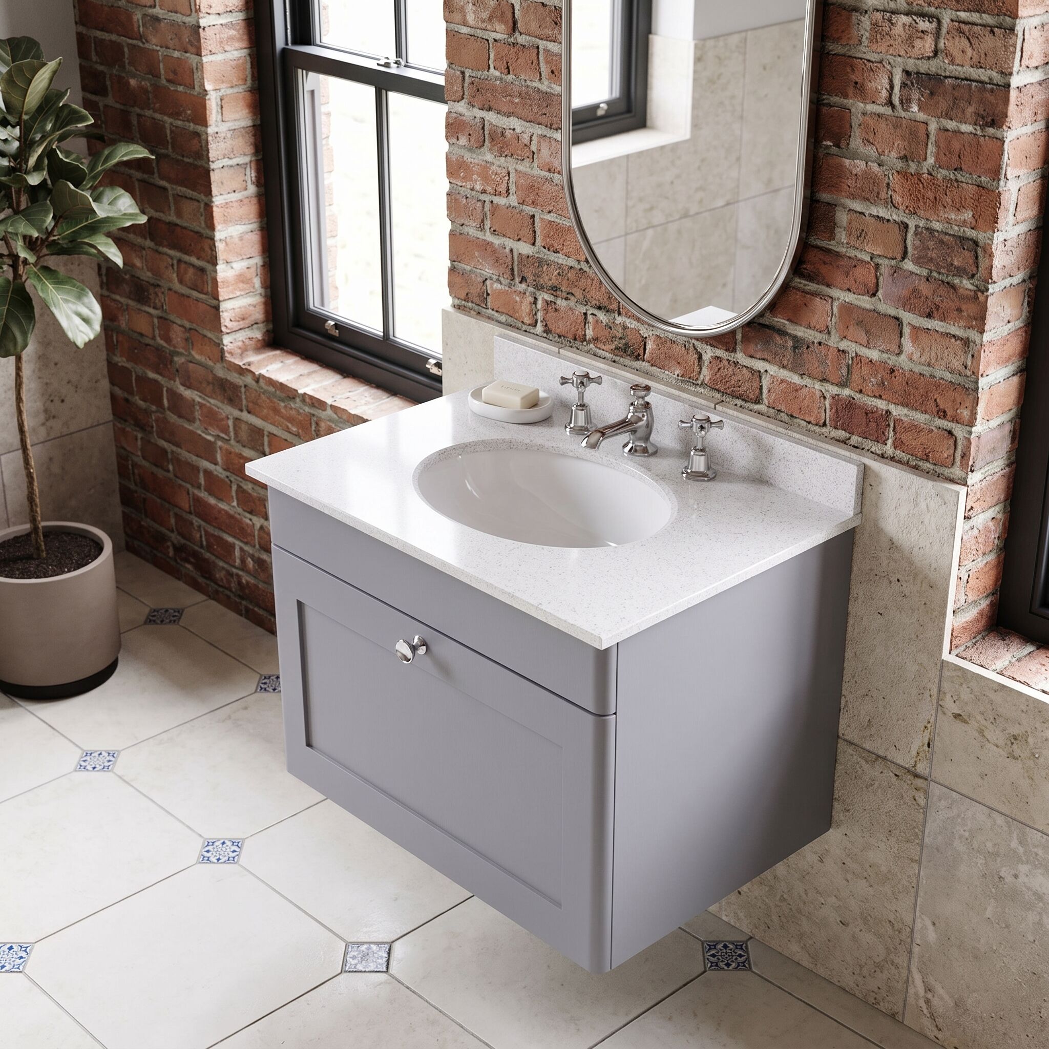 image 1 of Balterley Swynnerton Traditional 1 Drawer Wall Hung Vanity Unit with Marble Basin, Satin Grey, 600mm