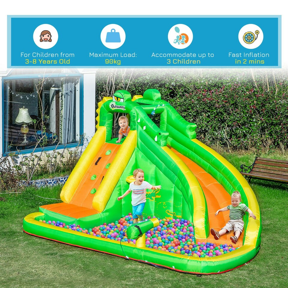 image 1 of Outsunny Kids Bouncy Castle with Slide Pool Basket Gun Climbing Wall W/ Blower