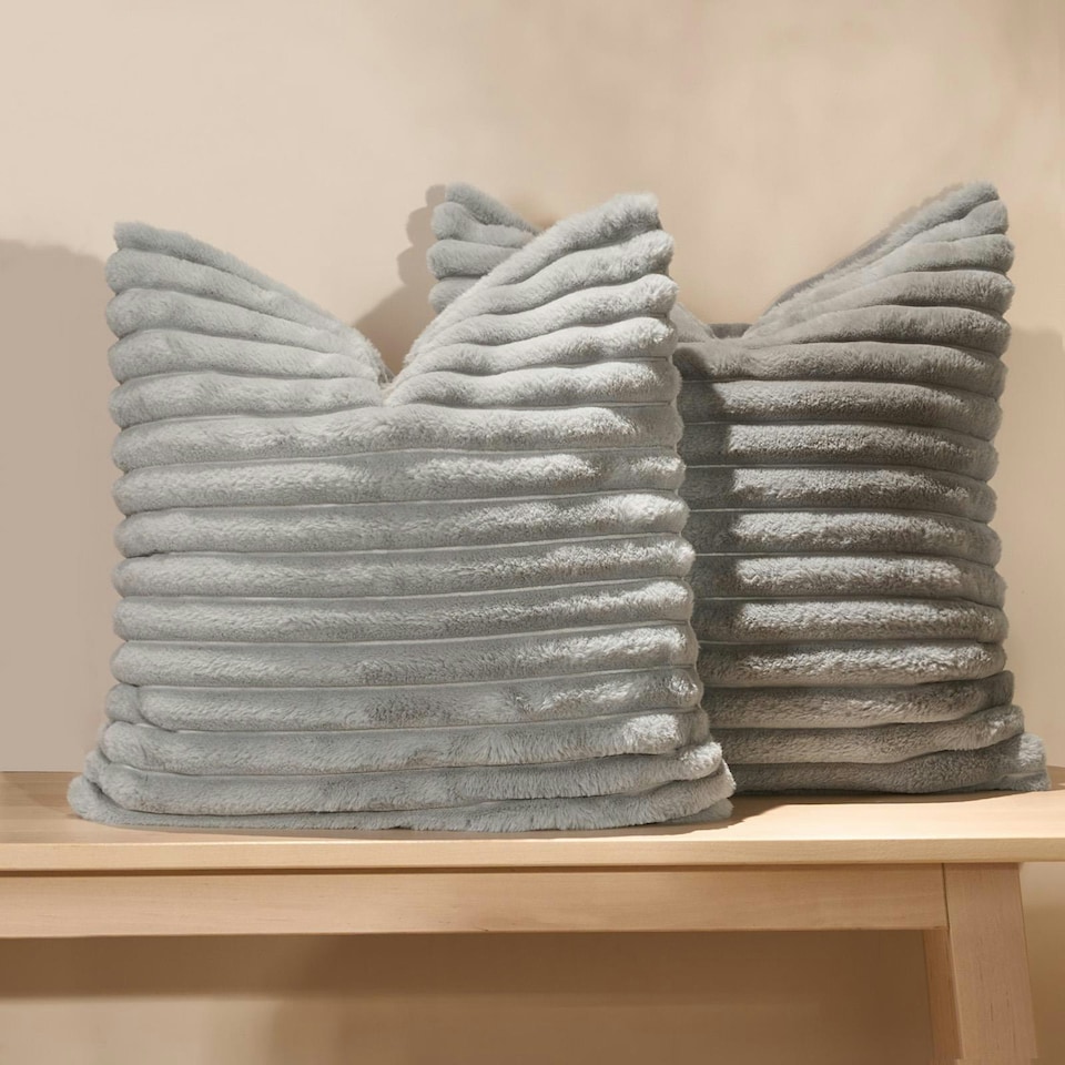image 1 of OHS 2 x Faux Fur Matte Velvet Fleece Thick Ribbed Cushion Covers, 45x45cm - Grey