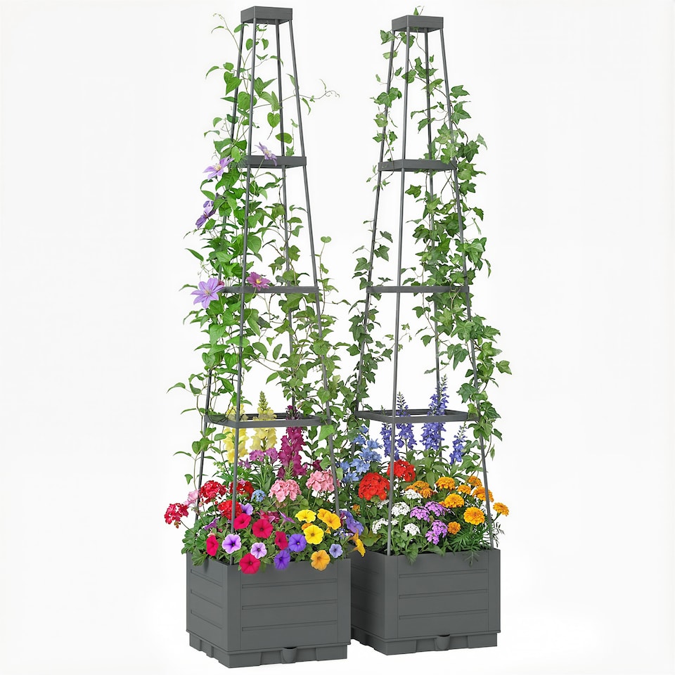image 1 of Outsunny 2 Pack Raised Garden Bed with Trellis and Removable Drainage Tray | Grey | Grey