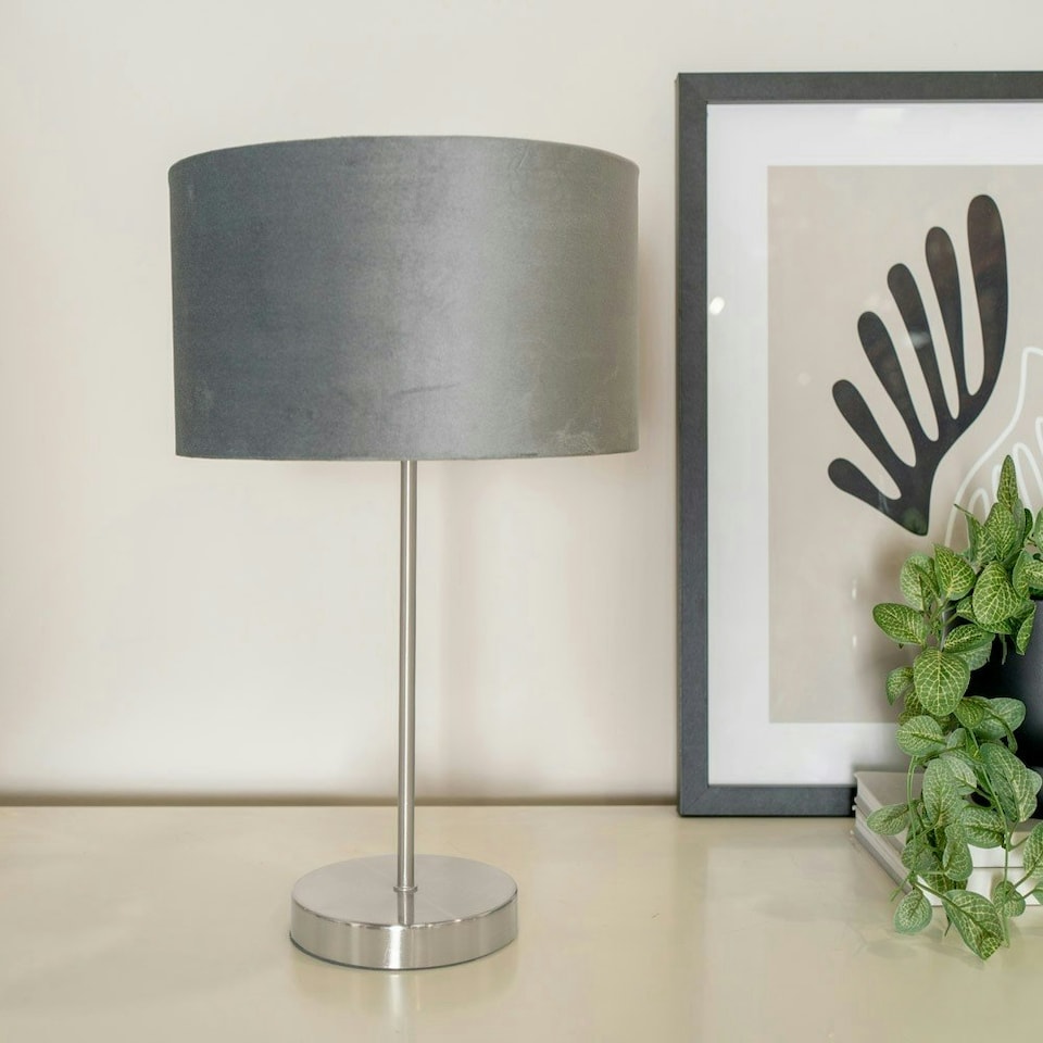 image 1 of ValueLights Charlie Brushed Chrome Table Lamp Black Velvet Shade & Bulb Grey