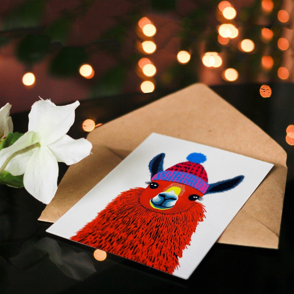 image 1 of Greeting Card Cute Llama With Winter Hat Bright Vibrant Pop Art For Her Woman Xmas Christmas Card
