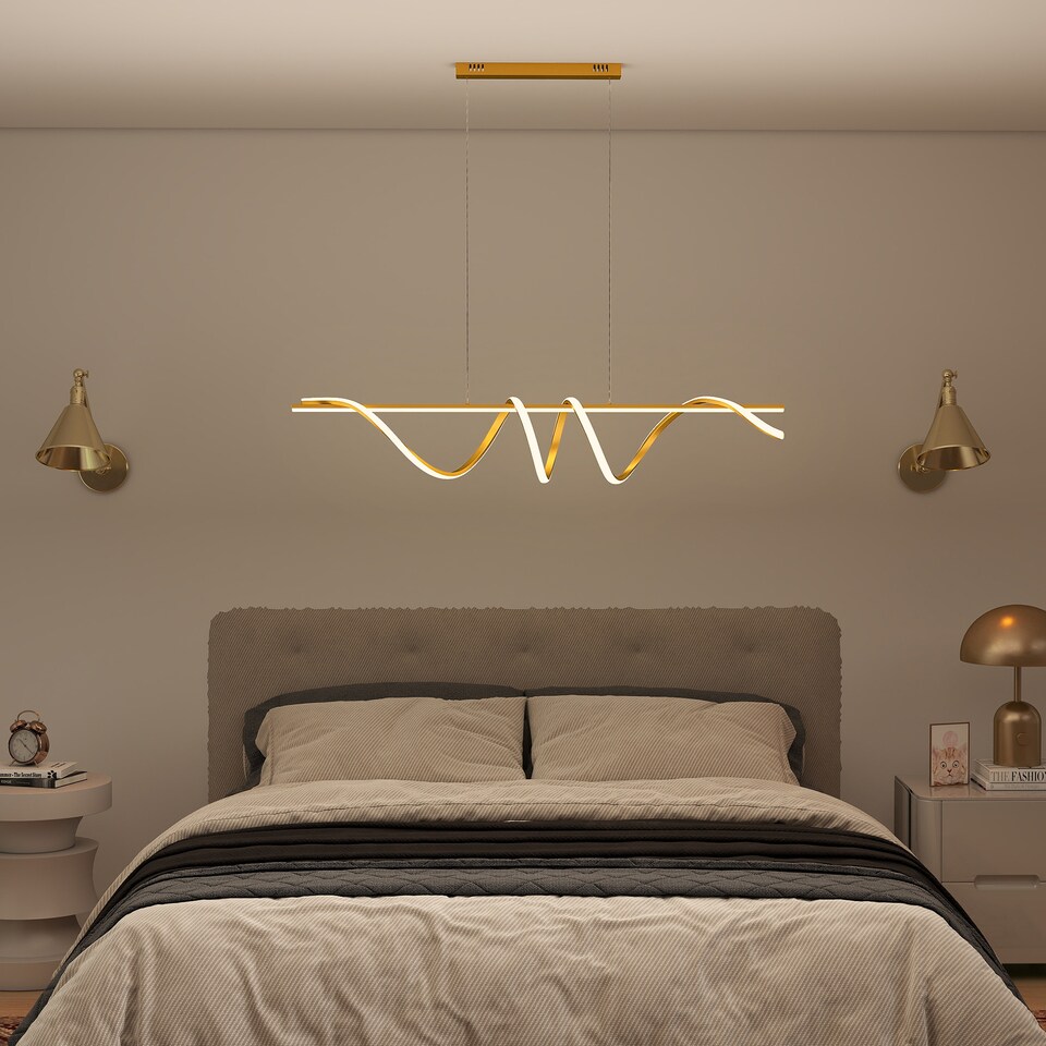 image 1 of HOMCOM LED Pendant Light, Modern Ceiling Light with three Temperatures, Adjustable Height Hanging Fixture with Wall Switch for Kitchen Island, Dining Room, Gold Tone | Gold