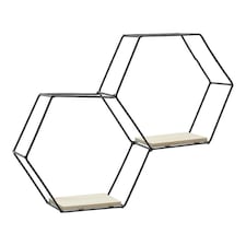 Living and Home Iron Wall Mounted 2 Tier Hexagon Floating Dispaly Shelves- Black