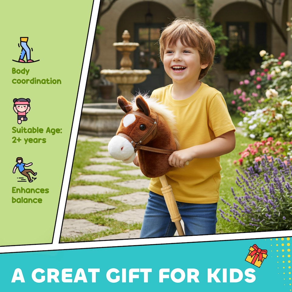 image 1 of AIYAPLAY Stick Horse with Wood Wheels, Pony Neighing and Galloping Sounds | Brown