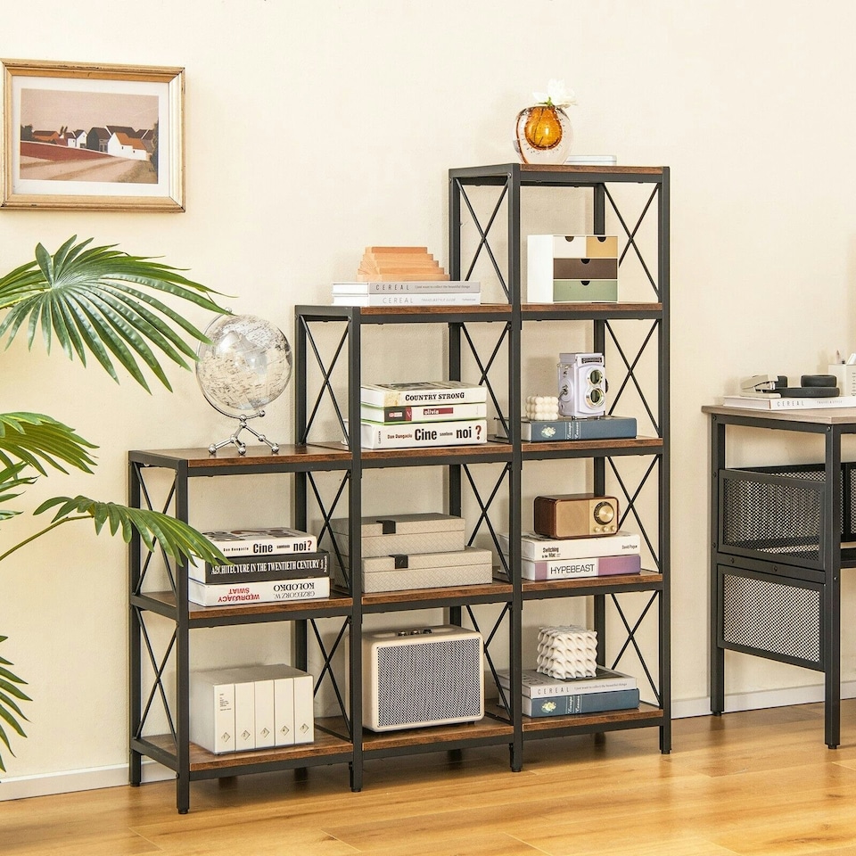image 1 of COSTWAY Wooden 9 Cube Bookcase 5 Tier Bookshelf Anti-toppling Brown