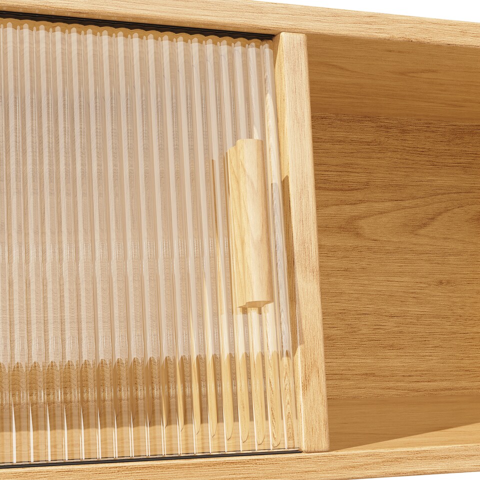 image 1 of VILUXE Tall Kitchen Storage Cabinet with Rattan-Effect Drawers and Glass Sliding Doors, 140 cm, Natural Wood