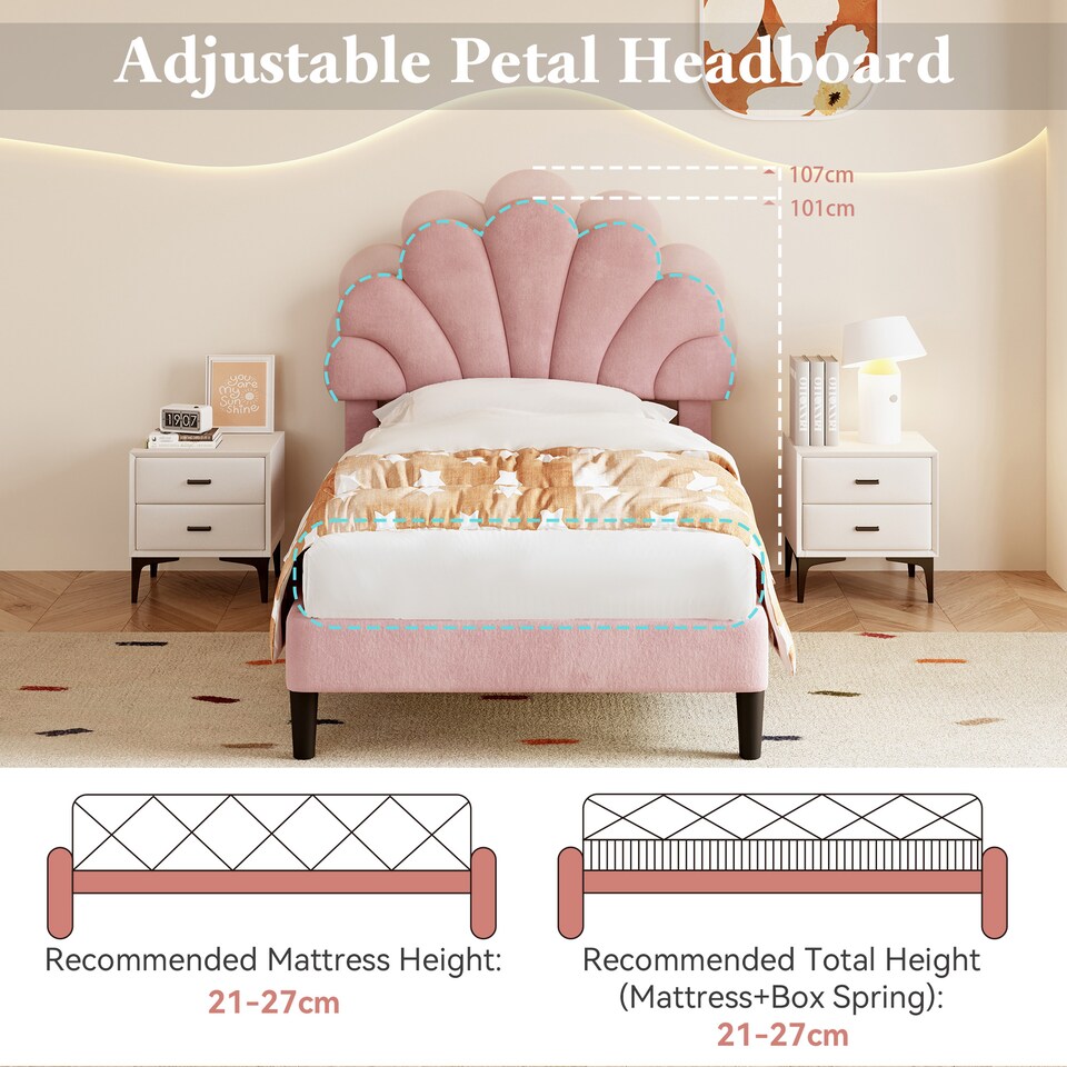 image 1 of Abrihome 3FT Single Upholstered Bed Frame with Adjustable Petal Headboard, Velvet, Solid Wood Slats, Pink, No Box Spring Needed