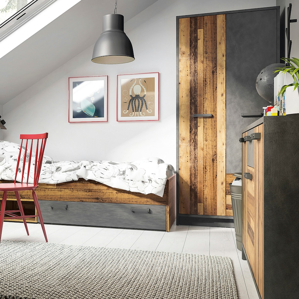 image 1 of Brooklyn Cabinet with 3 Doors and 1 Drawer in Walnut and Dark Matera Grey