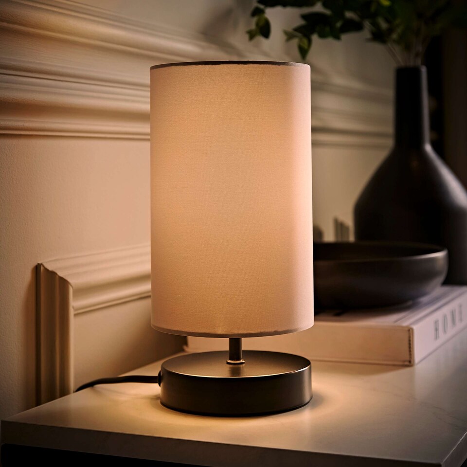 image 1 of ValueLights Francis Pair Black Touch Table Lamps Grey Shades and Bulbs