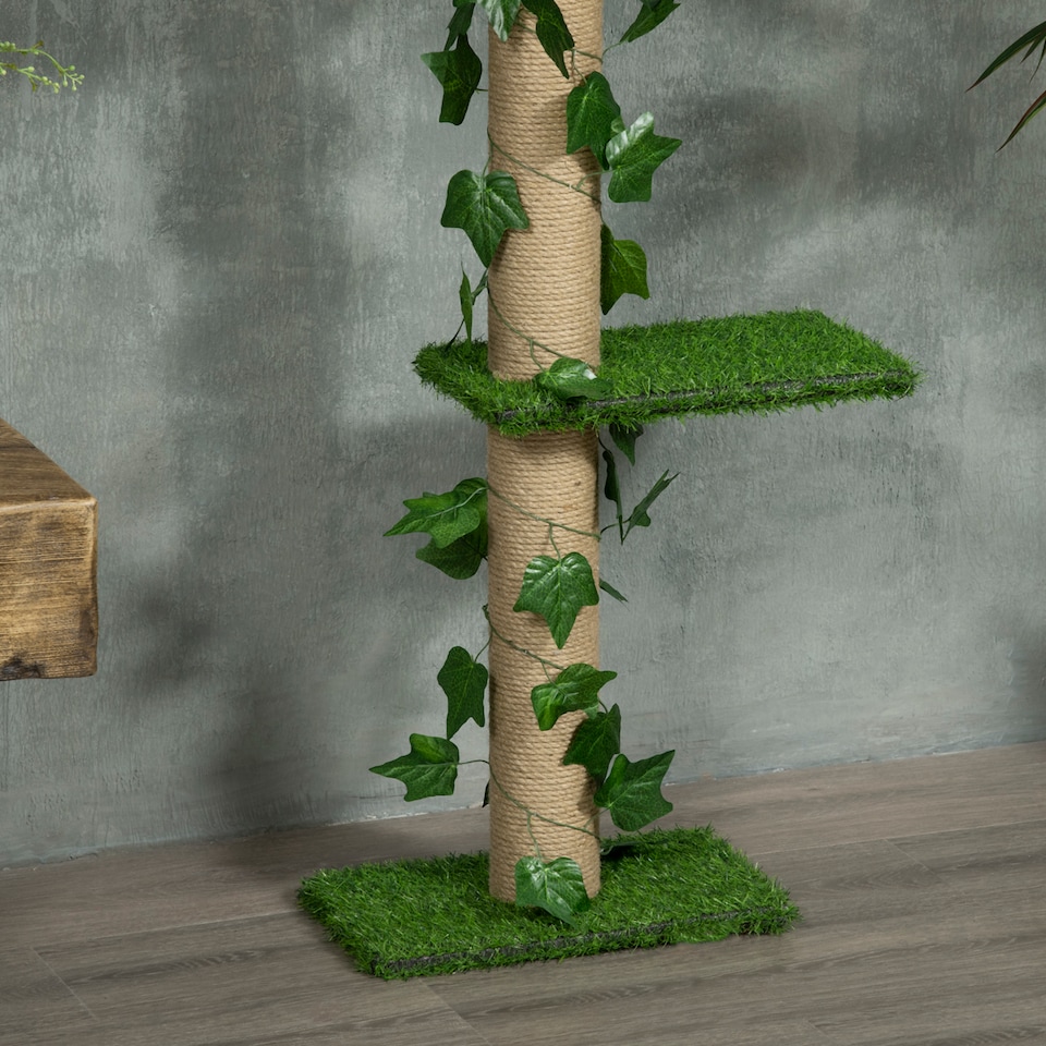 image 1 of PawHut 242cm Floor to Ceiling Cat Tree with Leaves Scratching Post, Green