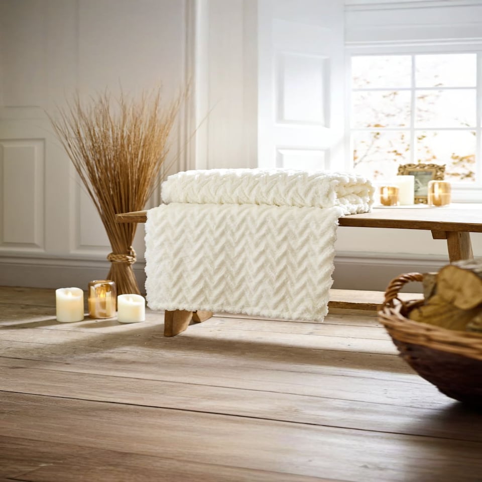 image 1 of Tadcaster Chevron Plush Throw, 140×180cm – Warm Decorative Sofa Blanket | Cream