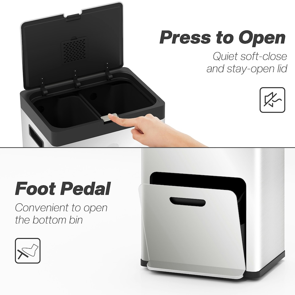 image 1 of HOMCOM 3 Compartment Kitchen Bin, 56L Stainless Steel Pedal Bin with Wheels Silver