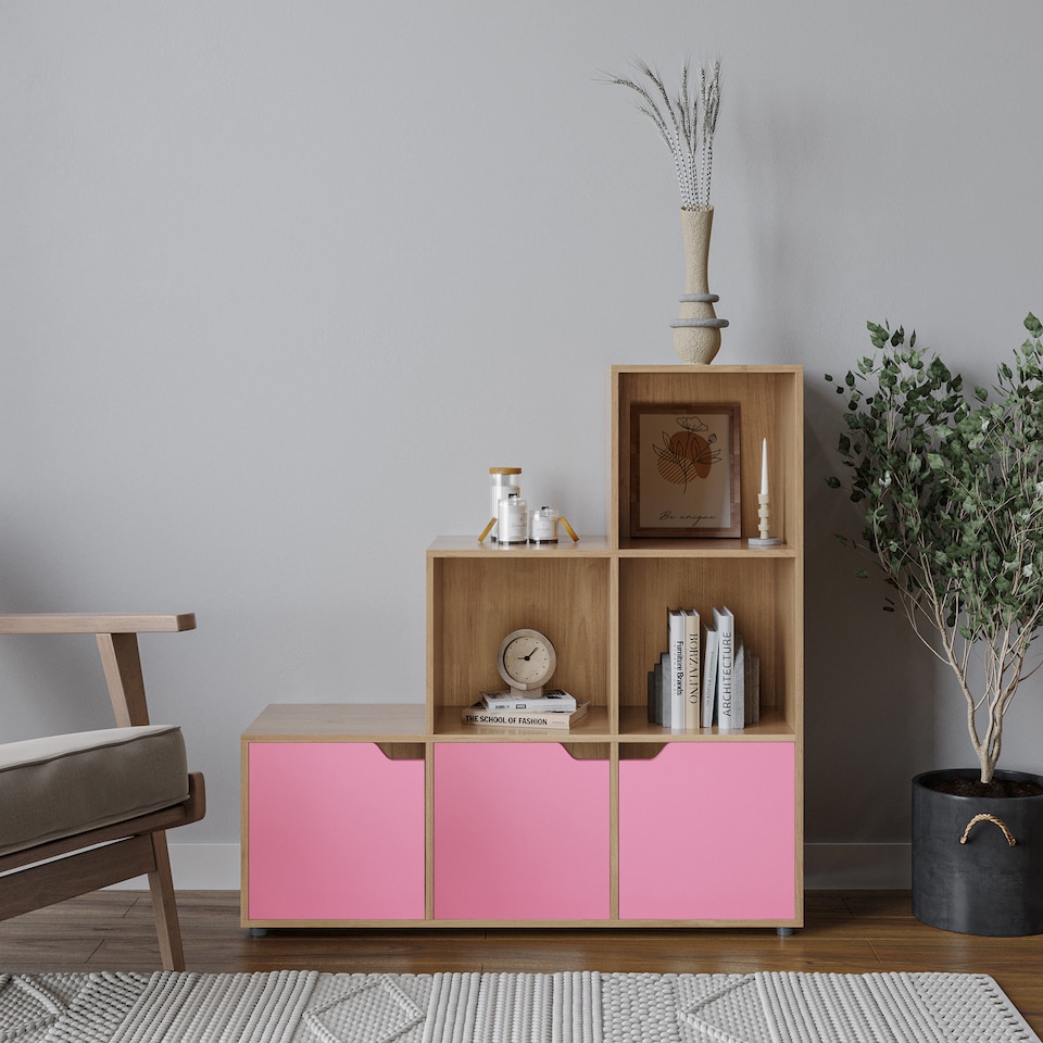 image 1 of 6-Cube Step Shelving Unit With Wooden Door | Brown | Oak & Pink | 1