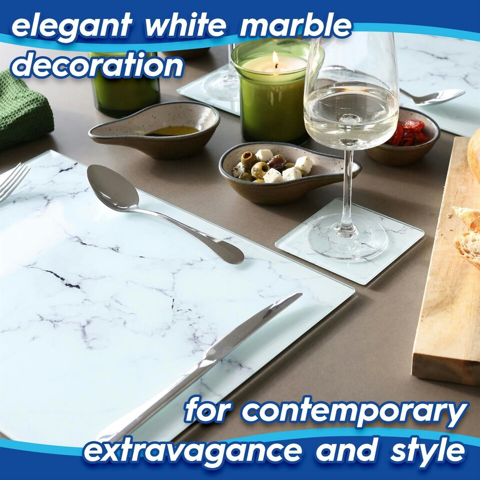 image 1 of Harbour Housewares 12 Piece Glass Dining Set - Marble - 40 x 30cm Placemats & Coasters White