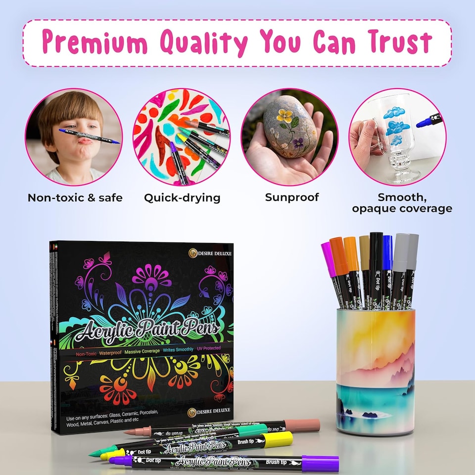 image 1 of Desire Deluxe Acrylic Paint Pens for Rock Painting, Stone, Ceramic, Glass, Wood, Canvas – Set of 12 Non Toxic Water Based Markers - Great Artists Painting Supplies