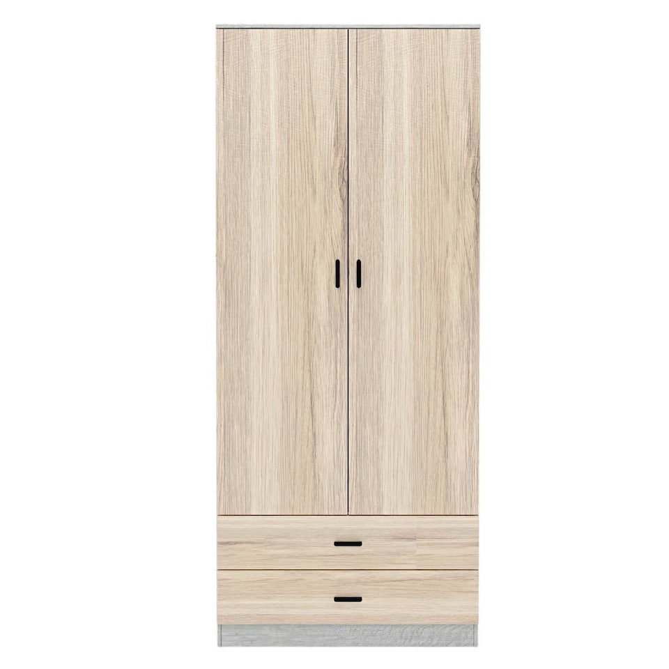 image 1 of 2-Door 2-Drawer Wardrobe with Storage Shelf, and Hanging Space - 180x75x46cm | Grey | Ash Grey & Oak | 1