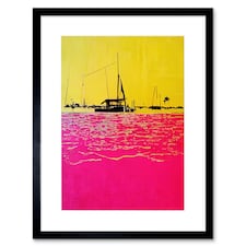 Modern Abstract Seaside Port Yellow Hot Pink 9x7" Black Framed Wall Art Print
