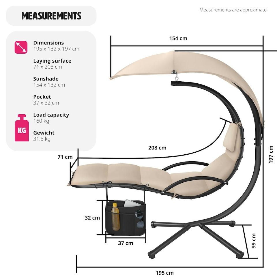 image 1 of Hanging Chair Elaria - large sun canopy with UV-protection, sturdy Cream | Beige