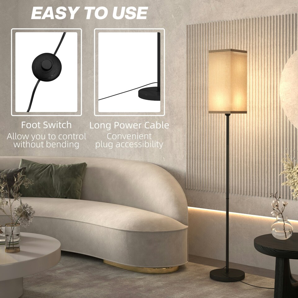 image 1 of HOMCOM Standing Floor Lamp with Linen Shade for Living Room, Bedroom, Black