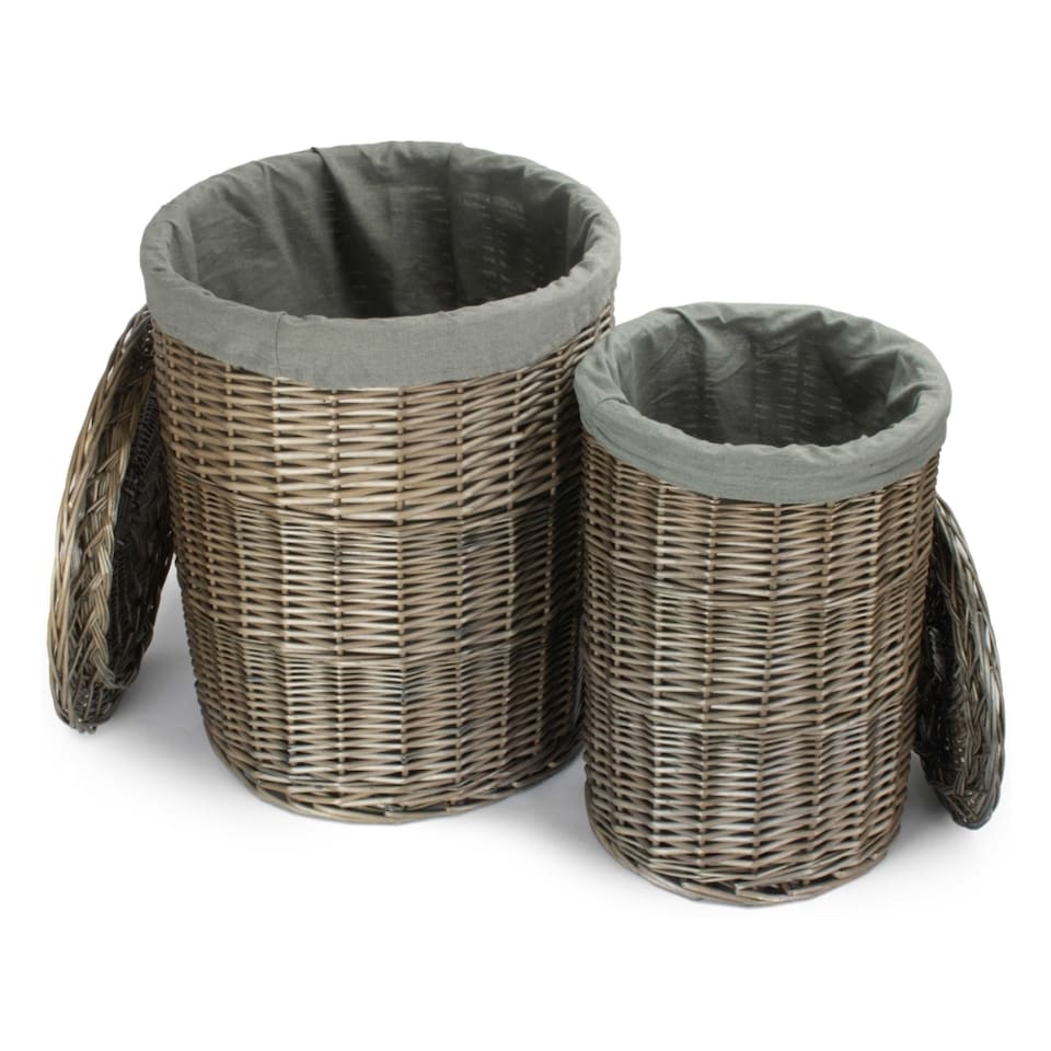 image 1 of Set of 2 Antique Wash Round Linen Basket with Grey Sage Lining | Grey | Grey