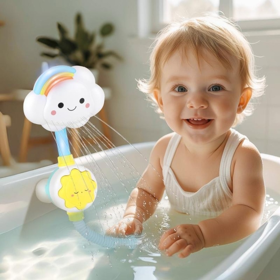 image 1 of Baby Shower Bath Toy Set - Cloud Sprinkler Faucet with Foldable Bathtub Shower Head, Gentle Water Spray & Cartoon Fountain Toy - Fun Sensory Bath Play for Toddlers, Perfect Birthday & Christmas Gift