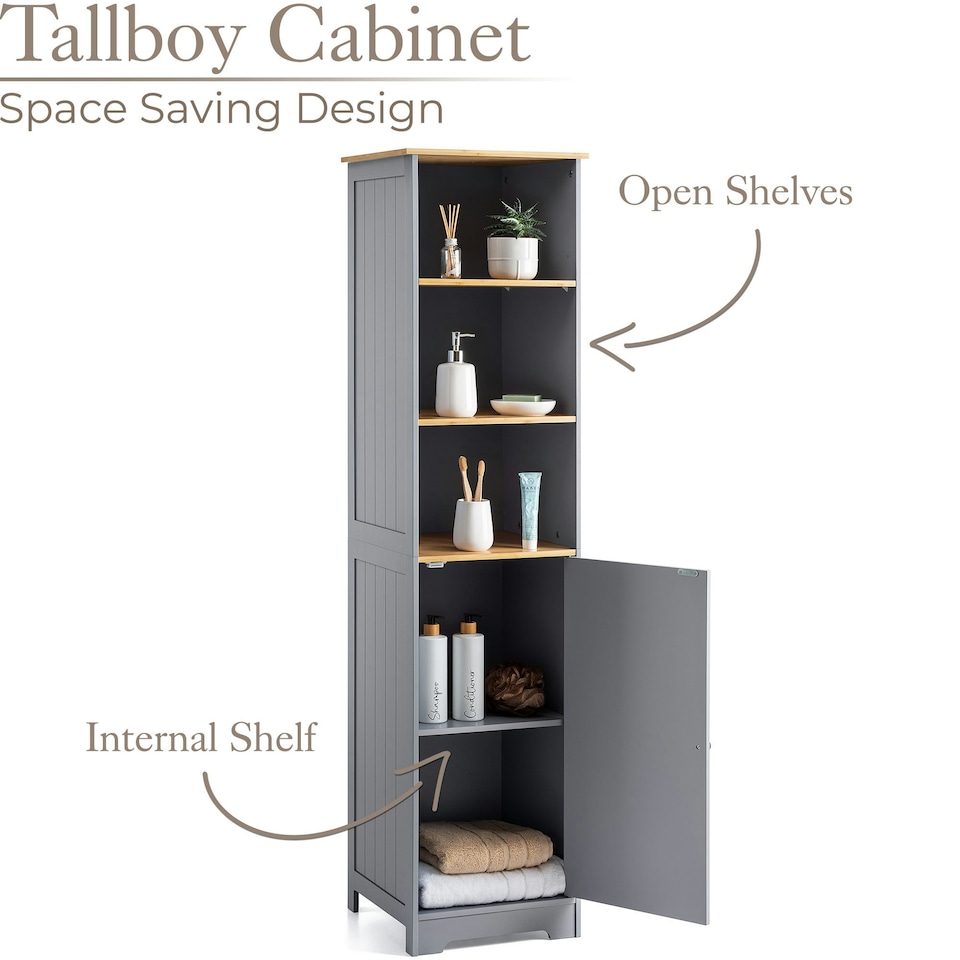 image 1 of Christow Bathroom Shelf Cabinet Grey Bamboo Freestanding Tallboy Storage Unit