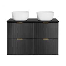 Double Sink Bathroom Vanity Unit 1200mm Countertop Ribbed Textured Black Wall Hung Floating - Adel
