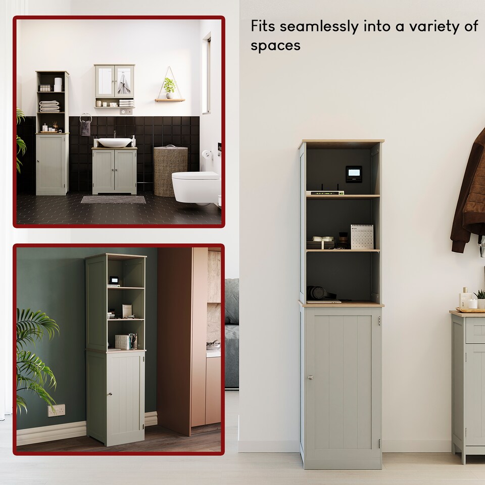 image 1 of Bath Vida Priano 1 Door 2 Shelf Tall Bathroom Cabient, Grey & Oak