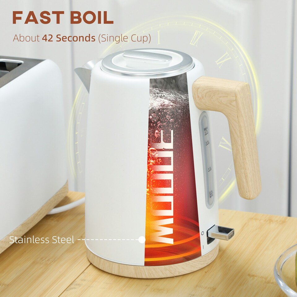 image 1 of HOMCOM 1.7L Electric Fast Boil Kettle and 2 Slice Toaster Set, White