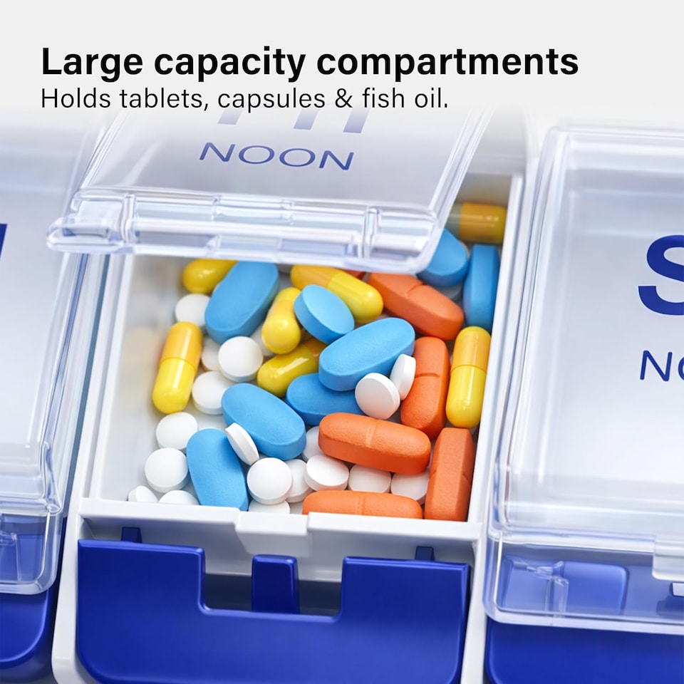 image 1 of 7 Day Pill Organizer Push Button Box Large Compartments Compact Spill-Proof Home