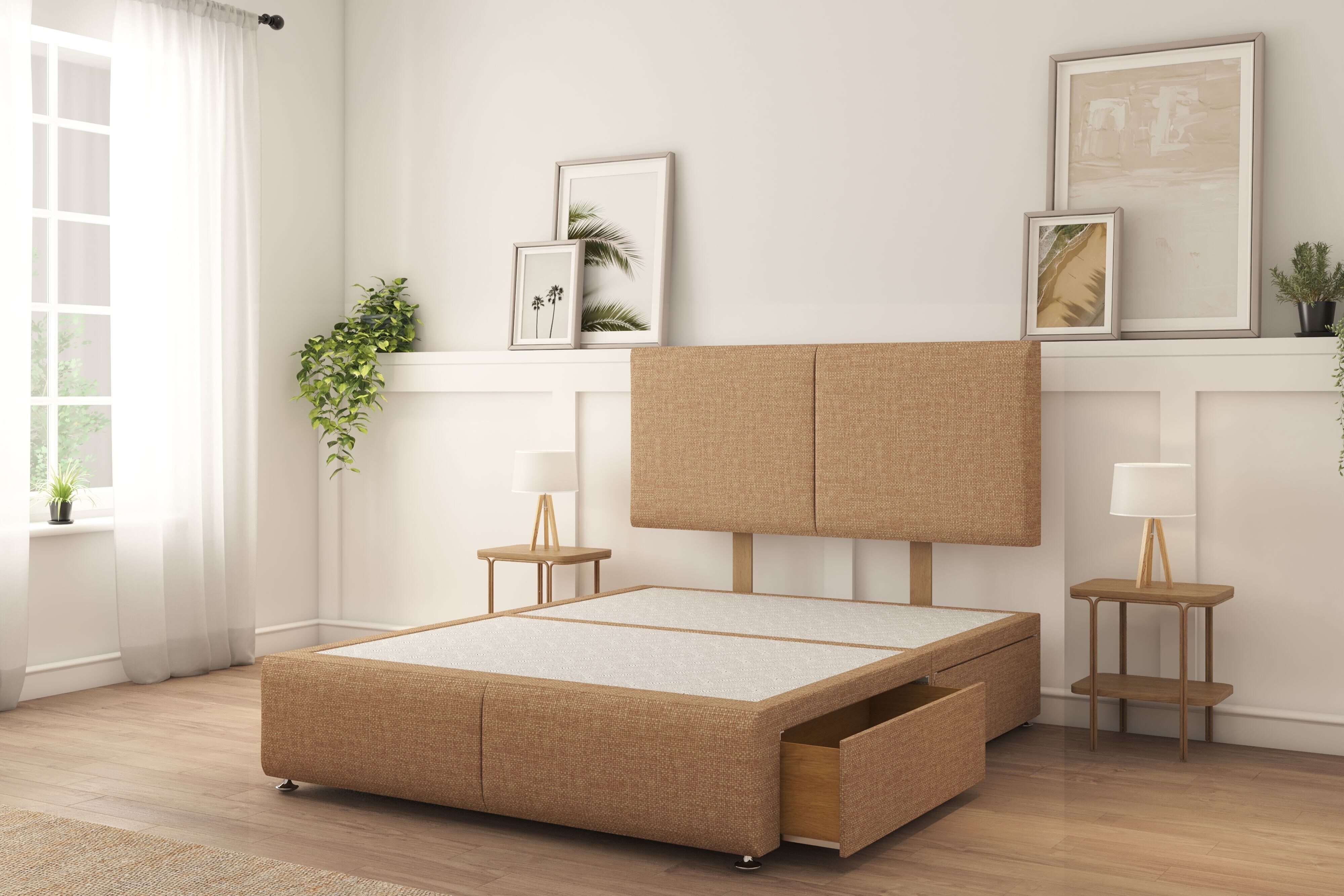 Sloomy Vienna Latte Tweed Divan Bed Base 2 Drawers Left Side With 26" Strutted Headboard & 12" Footboard 4'6 Double