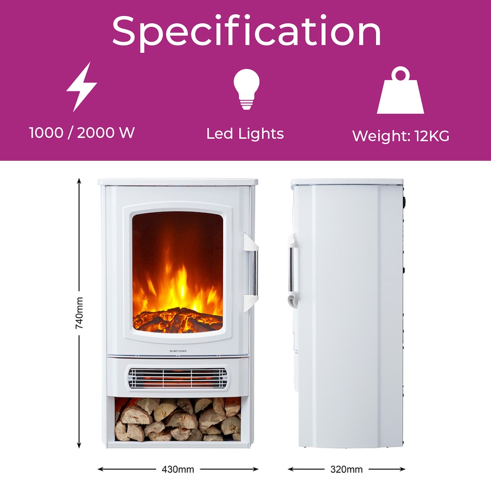 image 1 of Neo 1000W / 2000W Freestanding Electric Fire Stove Heater Burner Realistic Flame and Log Store | White