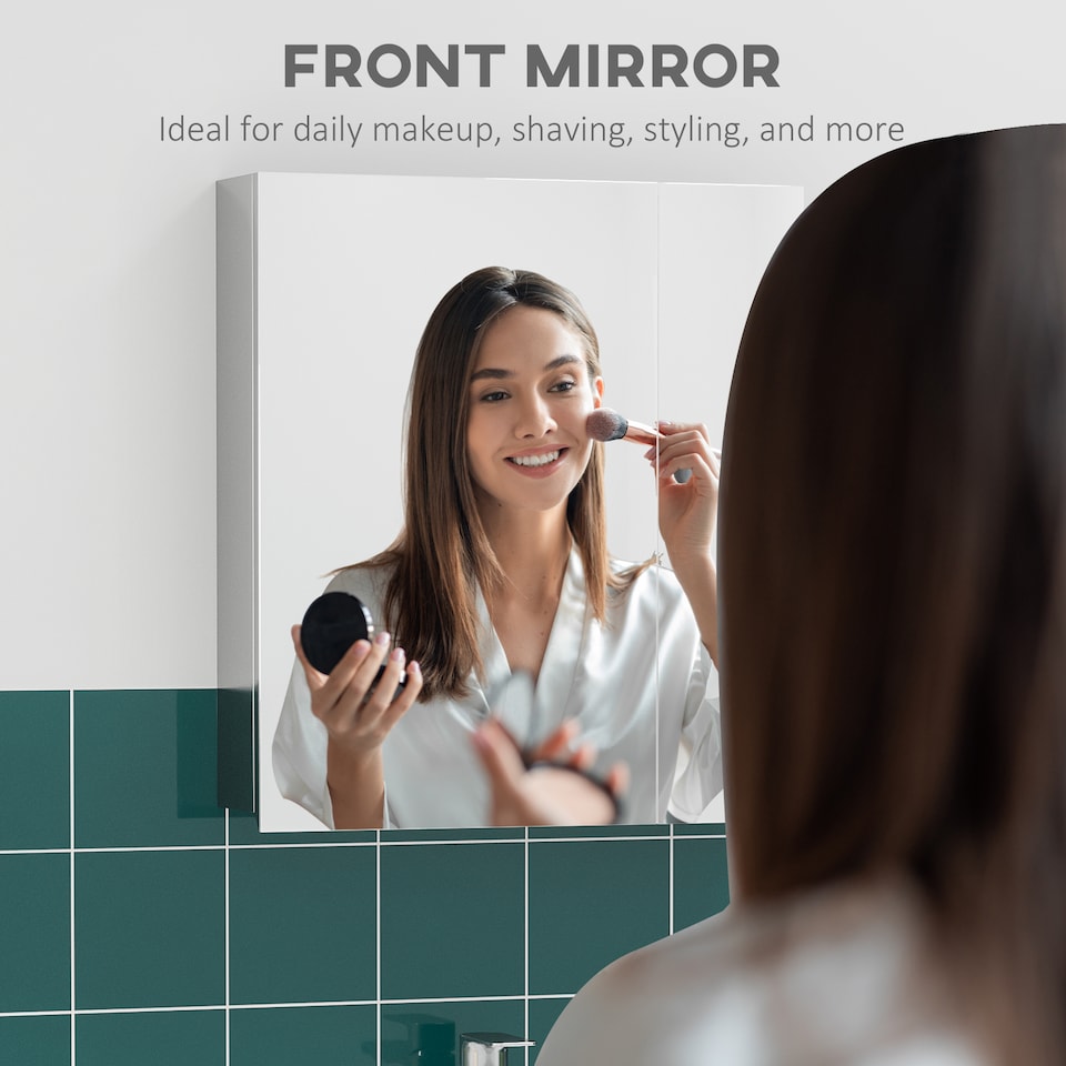 image 1 of kleankin Bathroom Mirror Cabinet, Stainless Steel Wall-Mounted Bathroom Storage Cabinet with 2 Hinged Doors and Shelves for Laundry Room, 54W x 60Hcm, Silver