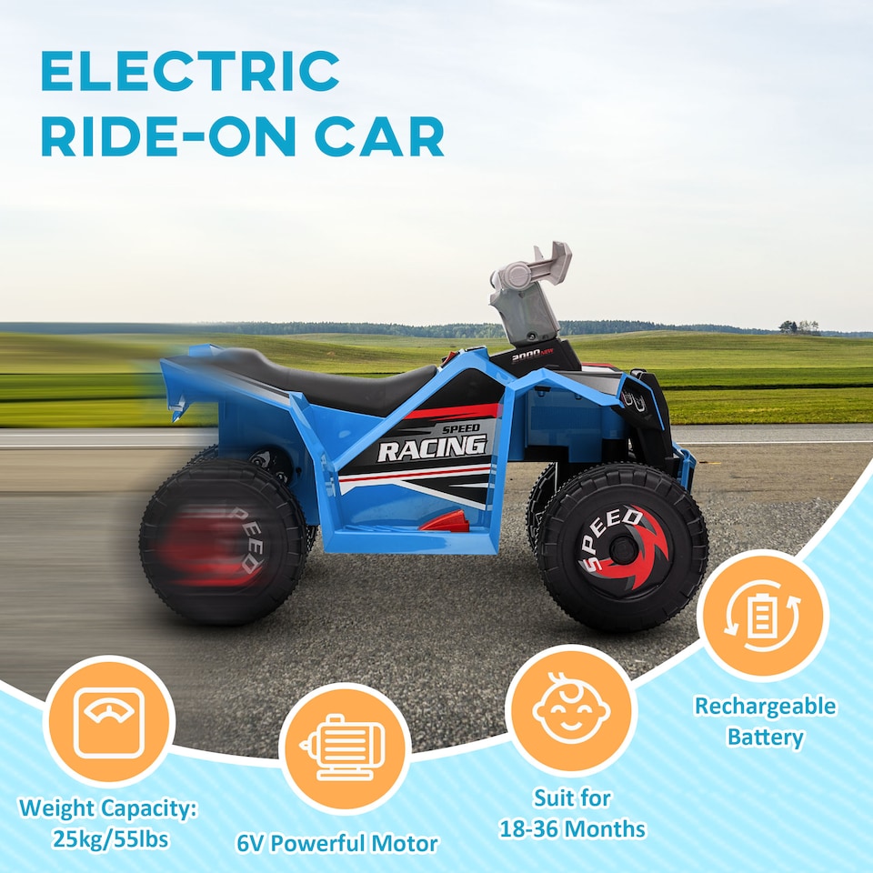 image 1 of HOMCOM 6V Electric Quad Bike Kids Ride On All Terrain Vehicle with Forward Backward Function, for Ages 18-36 Months - Blue