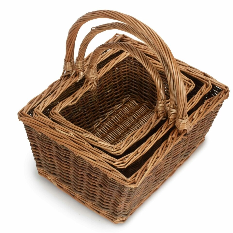 image 1 of Set of 3 Rectangular Unpeeled Willow Shopping Basket Brown | Brown