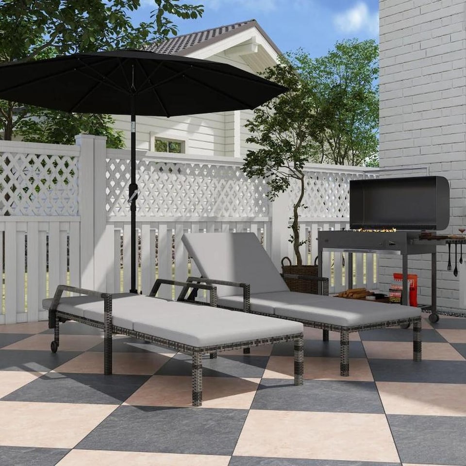 image 1 of Set of 2 Malibu Rattan Sun Loungers - Grey
