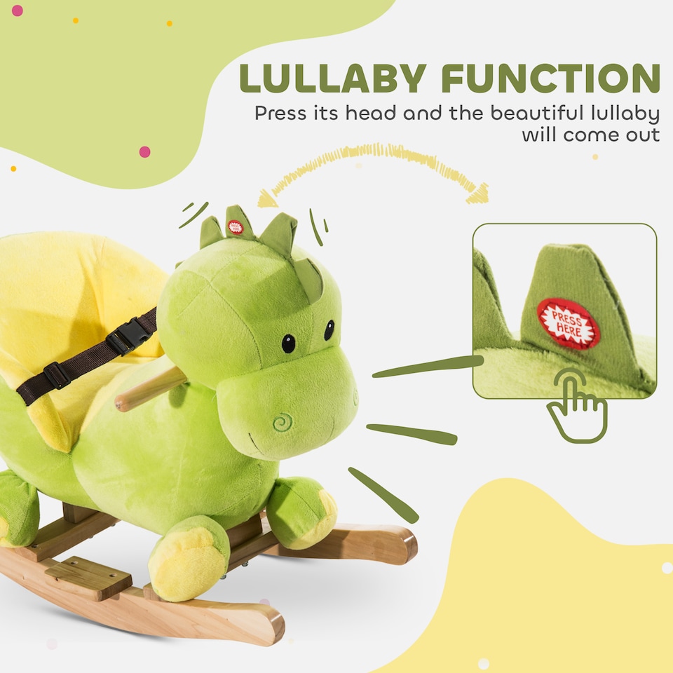 image 1 of HOMCOM Kids Rocking Horse, Plush Ride-On Dinosaur Seat with Safety Belt, 32 Songs, Ride-On Horses Toy, for Ages 18 Plus Months - Green