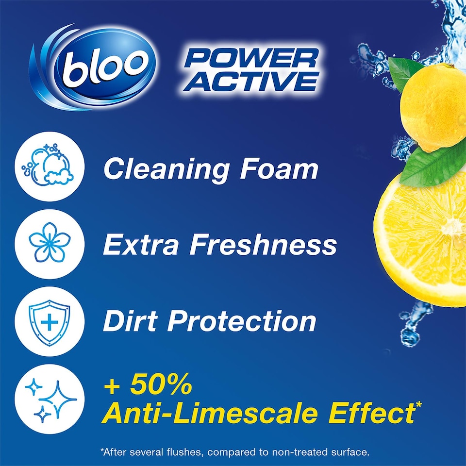 image 1 of Bloo Toilet Rim Blocks Power Active+ Lemon for Anti-Limescale Effect, 6 Pack | Multi | 6