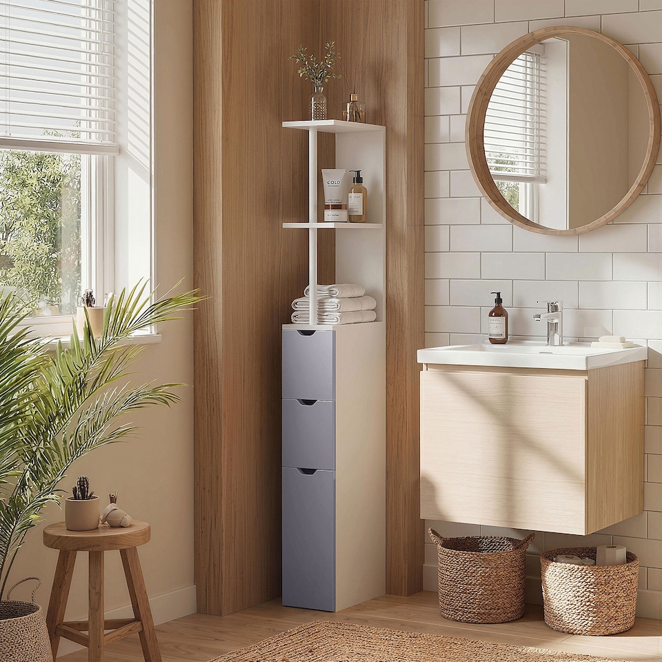 image 1 of HOMCOM Tall Bathroom Storage Cabinet with Shelf and Drawers, White, Grey