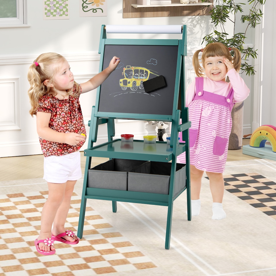 image 1 of COSTWAY Kid Easel Double-sided Kids Easel with Magnetic Whiteboard-Green