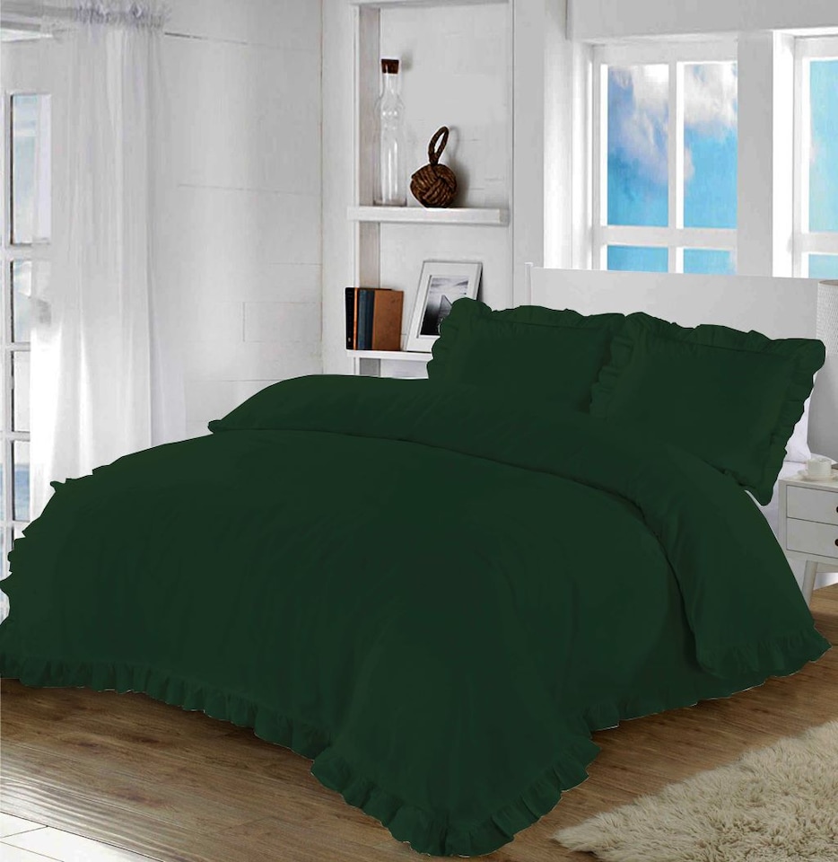 Homes Linen Santiago Frilled Edge Duvet Cover Set with Pillowcases Easy Care Polycotton Ruffle Bedding Set | Green | Super King