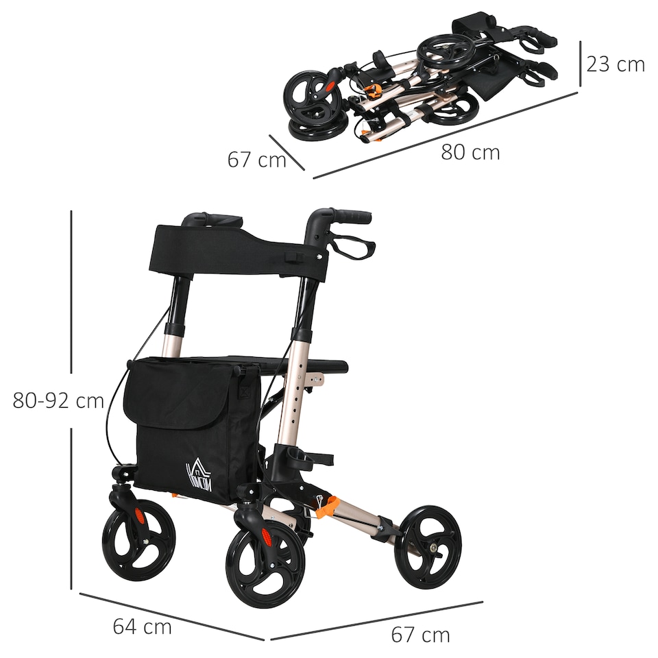 image 1 of HOMCOM 4 Wheel Rollator with Seat and Back, Folding Mobility Walker with Carry Bag, Adjustable Height, Dual Brakes, Cane Holder, Lightweight Aluminium Walking Frame for Seniors and Disabled, Gold Tone